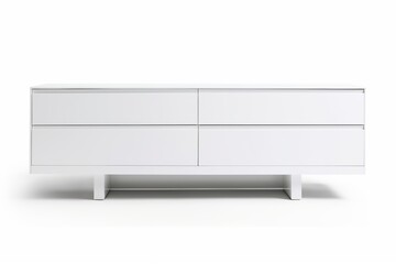Minimalist white sideboard with clean lines and a sleek design isolated on a white backdrop
