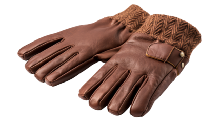 A pair of brown leather gloves resting on a pristine white background on transparent background
