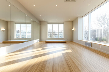 Fototapeta premium Spacious and serene yoga studio featuring natural bamboo floors and large windows with ample sunlight