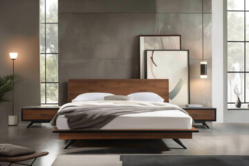 Elegant bedroom interior showcasing a modern wooden bed frame with a minimalist design, complemented by neutral bedding and stylish dйcor