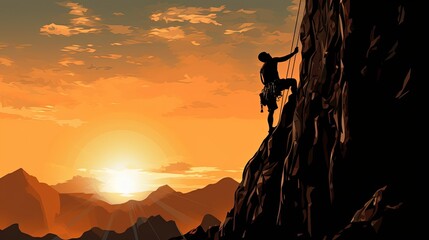 Athletic man climbs an overhanging rock with rope, lead climbing. silhouette of a rock climber on a mountain background. outdoor sports and recreation
