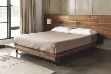 Stylish modern bed frame with minimalist design, set in a cozy bedroom with natural light