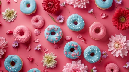 Assorted pink and blue donuts on vibrant red background with delicate floral accents