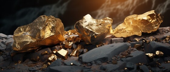 Obraz premium Contrast-driven image of rough, unrefined gold ore next to polished gold bars, showing the transformation from raw to valued,