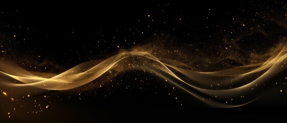 Glittering gold dust and particles wave on a black background, creating a luxurious and futuristic atmosphere,
