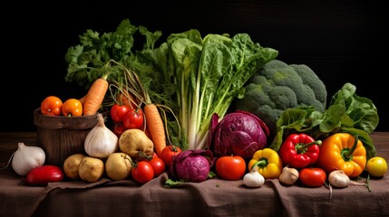 A vibrant display of organic, heirloom vegetables on a textured burlap background, emphasizing freshness and quality for a vegetarian cookbook,