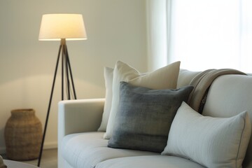 Warm toned living space featuring a minimalist modern floor lamp next to a comfortable sofa with cushions