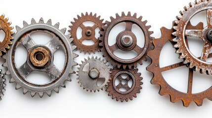   A collection of gears arranged horizontally on a pristine white surface against a blank white background