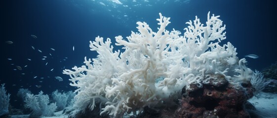 Underwater shot focusing on a stark white bleached coral contrasted by dark ocean depths in the background,