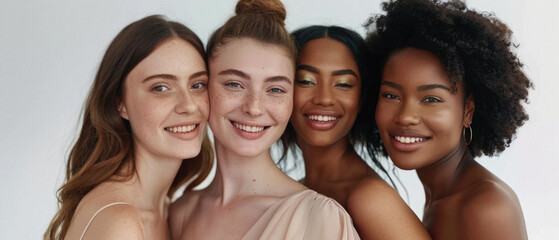 Fototapeta premium Diverse women group, different multiethnic girls models standing together on background looking at camera advertising beauty cosmetic skin care products. Aesthetic portrait.