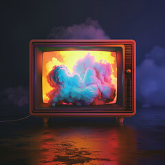 A television set with an abstract, colorful cloud design on the screen, floating in midair. The background is dark and minimalistic to highlight the vivid colors of the artwork inside the frame. 