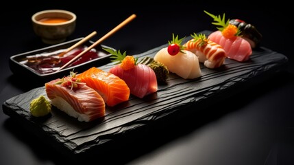 Handcrafted sushi set with rare fish varieties and colorful garnishes on a sleek black slate, perfect for an upscale Japanese restaurant menu,