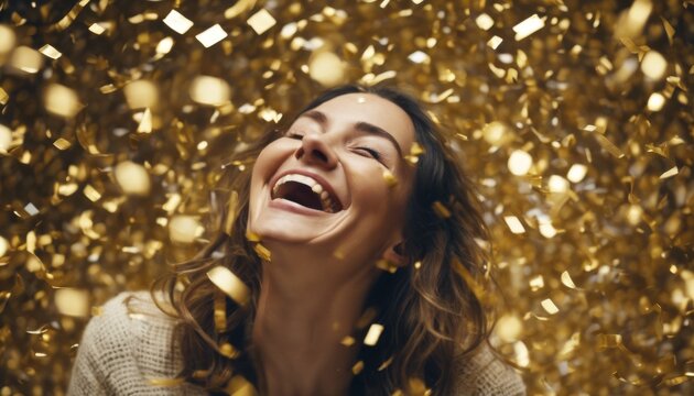 'Joyful Relief Celebrating confetti Gold While Abundance Surrounded Confetti. Times Positive Mindset Success Woman Laughing Good Stress Surroundings laugh joyous happiness jov'