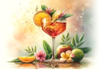 Watercolor painting of a Martinez Cocktail - obrazy, fototapety, plakaty