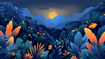 Fototapeta na wymiar 3D vector illustration of a night jungle with orange and blue leaves, flowers, and mountains in the style of different artists.