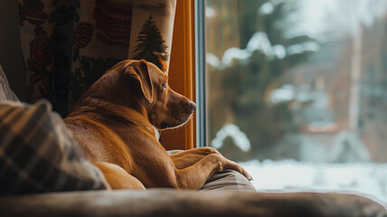 Lonely dog sitting on the sofa waiting for its owner in winter look out through window