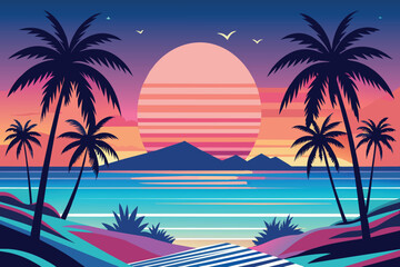 A tropical beach scene with palm trees and a sunset in the background