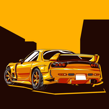 Vector illustration of modified jdm car within orange background with back view using hand drawn style