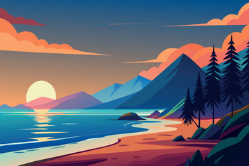 A beautiful sunset over a beach with mountains in the background