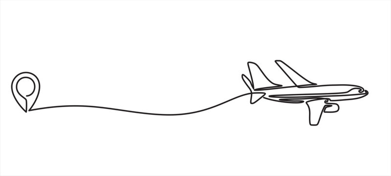 Continuous line drawing of aircraft flight routes and airport destinations. airplane line path icon of airplane flight route with starting point location and single line trail in doodle style.