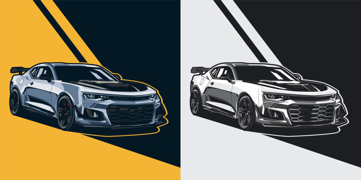 Vector set of 2 american muscle car on color and gray-scale with hand drawn style