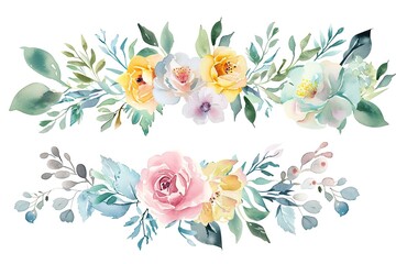 Watercolor floral illustration bouquet set - collection of green blush blue yellow pink frame, border, bouquet