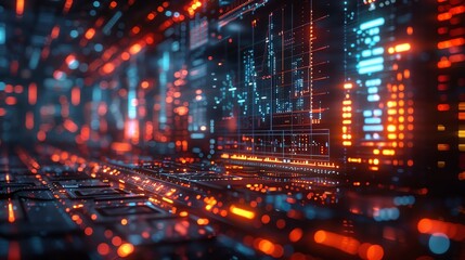 Obraz premium A digital representation of a futuristic city. The city is made up of tall buildings, each one representing a different type of data.