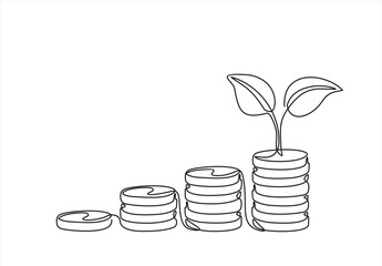 Coins stack with leaves branch continuous one line drawing. Business investing concept. Vector illustration isolated on white. © mitay20