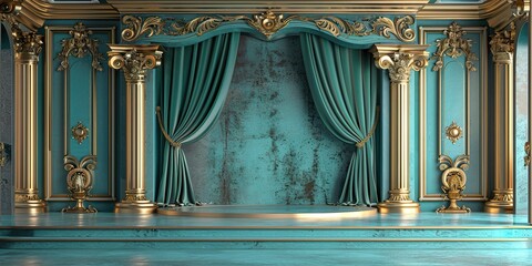 turquoise curtain stage with frames, - obrazy, fototapety, plakaty