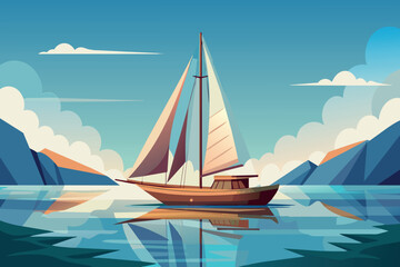 A sailboat is sailing on a lake with mountains in the background