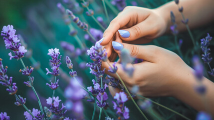 Female hand in lavender fields. Generative AI