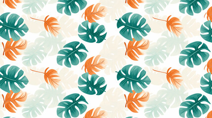 A seamless pattern of cartoon monstera leaves in green and orange.