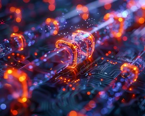 Fototapeta premium An electrical cable glows brightly as it transmits data. The cable is surrounded by a field of tiny, glowing particles.