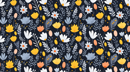 A seamless pattern of colorful flowers and leaves on a dark blue background
