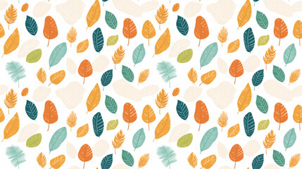 A pattern of colorful leaves on a white background.