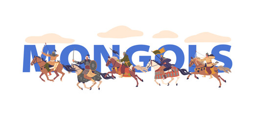 Mongol Warrior Characters On Horseback, Dynamically Illustrated In Mid-gallop With Bows, Spears, Flags and Bold Letters