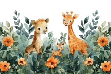Watercolor Illustration Safari Animal Frame template