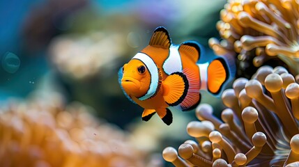 Cute anemone fish playing on the coral reef, beautiful color on coral reefs, anemones on tropical coral reefs AI generated