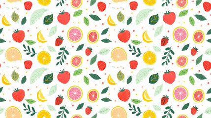 A pattern of hand-drawn fruits and leaves on a white background.
