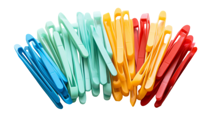 Colorful paper clips scattered on a crisp white background on transparent background