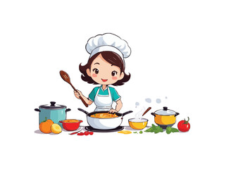 Cute girl in minimalist cooking with white background illustration