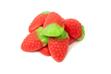 Jelly strawberry candies isolated on a white background. Top view. Delicious gelatin candies.