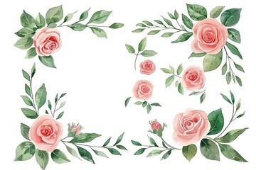 Watercolor flower border. Pink floral corner frame with peony, rose, hydrangea. Wreath arrangement for card