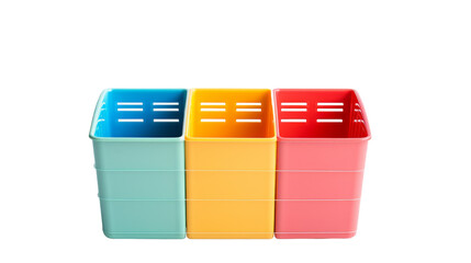 Set of four plastic containers stacked on top of each other on transparent background