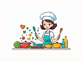 Cute girl in minimalist cooking with white background illustration