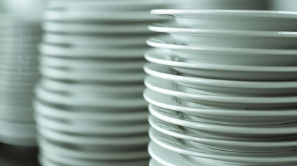   A stack of white plates aligns next to one another on a white counter top, accompanied by another identical stack