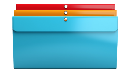A blue folder with three folders neatly stacked on top of it on transparent background