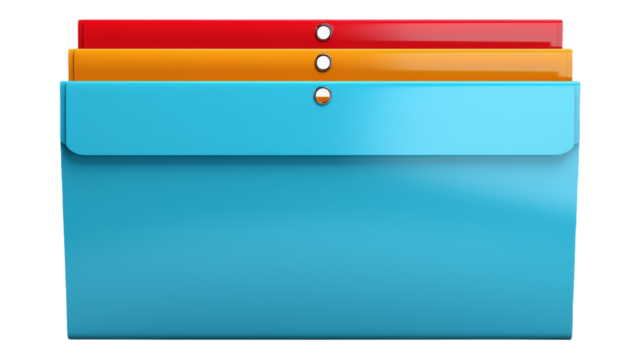 A blue folder with three folders neatly stacked on top of it on transparent background