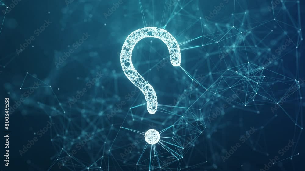 Poster Futuristic glowing question mark with plexus lines connected dots and lines on blue background. for creative thinking idea and problem solving concept. Seamless Loop. 