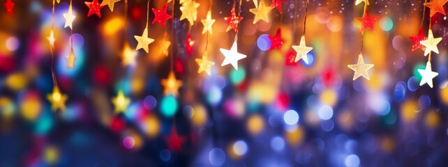 Christmas decoration celebration holiday background, astract texture - Fairy lights, star shaped bokeh, blurred lights, multicolor blurry shapes, rainbow stars, christmas light, garland